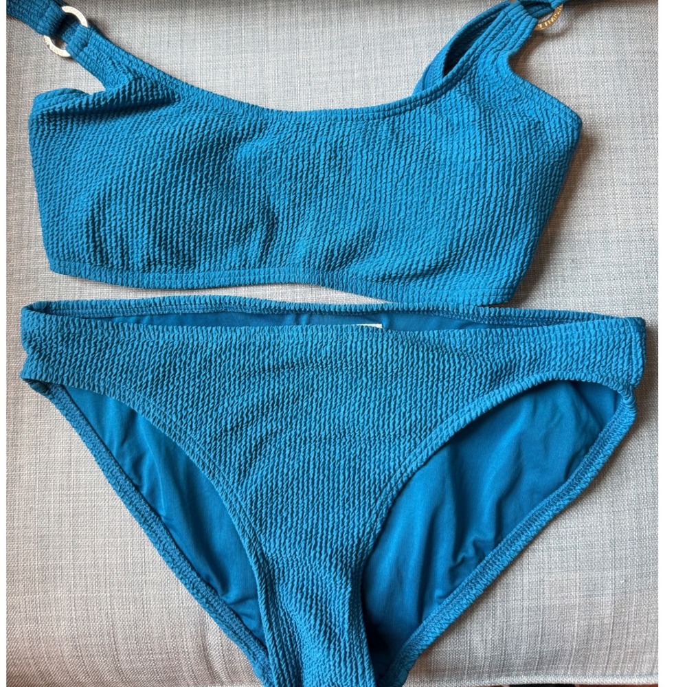 Michael Kors Teal Blue Smocked Bikini Set Gold Logo Ring Hardware 2 Piece M